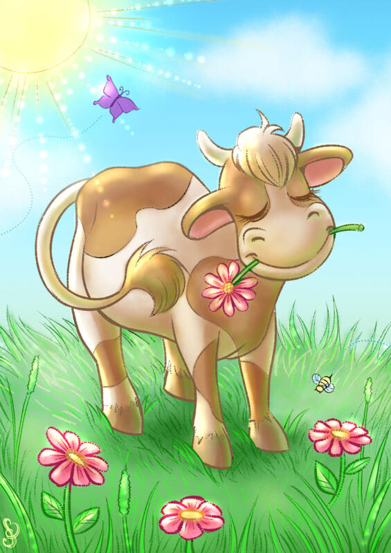 Tecknad söt ko njuter av solljuset, står i gräs och tuggar på en röd blomma.