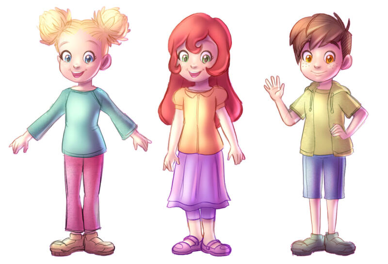 Tecknade barnkaraktärer: blond flicka med håret uppsatt, flicka med långt rött hår, pojke med kort brunt hår