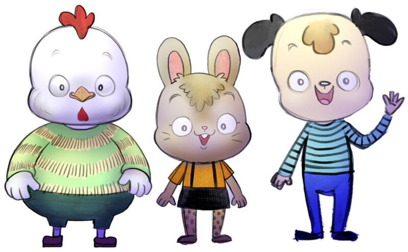 Tecknade djurkaraktärer: rund kycklingpojke, liten kaninflicka, lång hundpojke