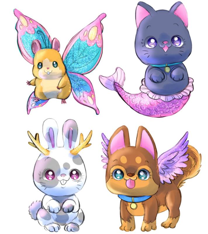 Tecknade söta glittriga husdjur: hamster med fjärilsvingar, katt med fiskstjärt, kanin med horn, hund med vingar