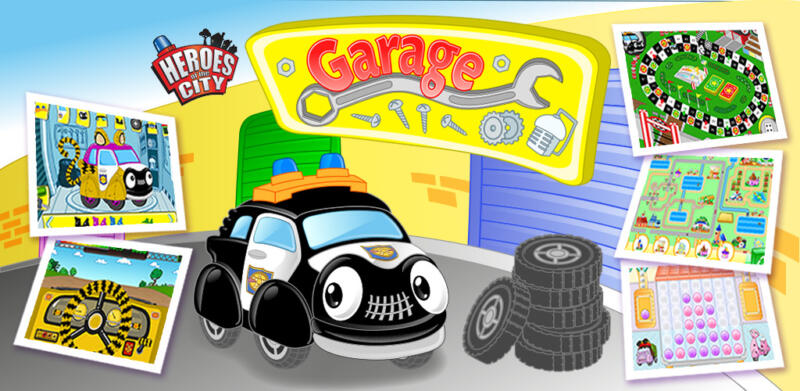 Söt tecknad svart och vit polisbil med stora ögon står framför ett garage med en hög däck och bilder på olika spel.
