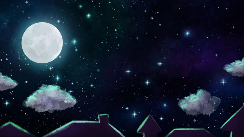 Stor måne lyser upp hustaken och några moln på den stjärnbeströdda natthimlen