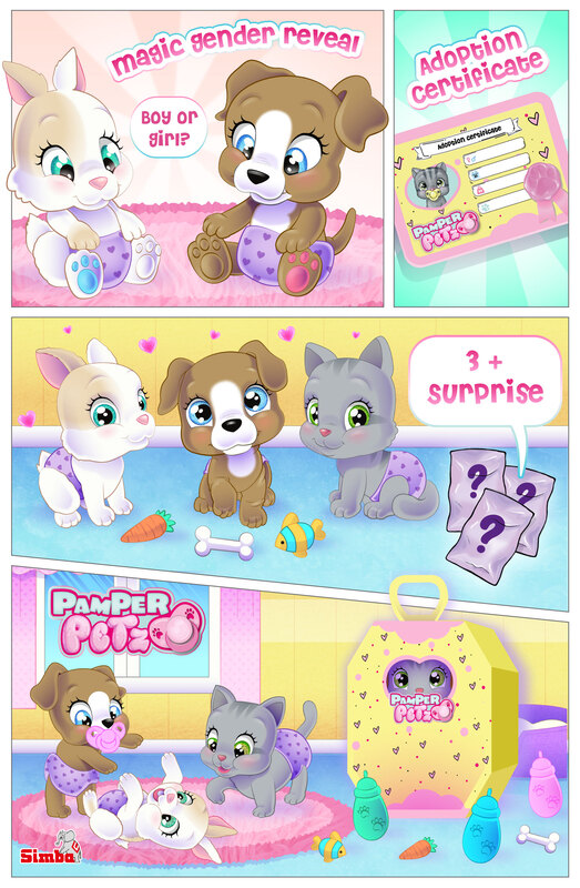 Tecknad serie med söt kanin, hund och katt i blöja, med tillhörande leksaker och nappflaskor som tillbehör.