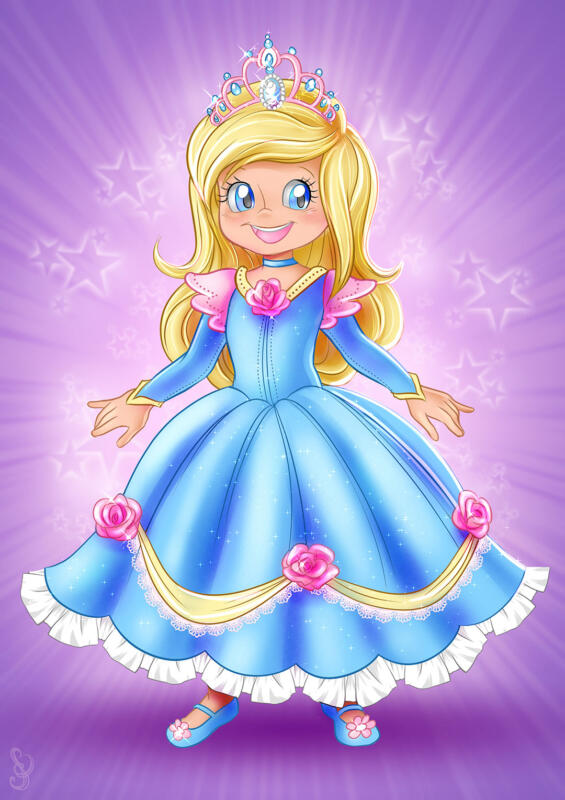 Tecknad söt prinsessa i mangastil iklädd blå klänning med rosa rosetter och glittrig tiara.