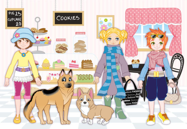 Tre flickor i mangastil och deras tre hundar är på ett café med många sorters kakor, tårtor och muffins i bakgrunden.