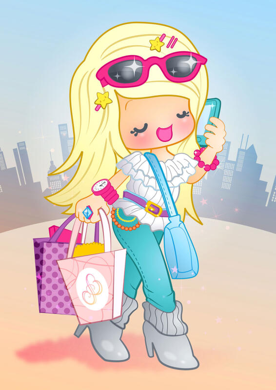 Tecknad trendig tjej med solglasögon och accessoarer pratar i mobilen och har andra handen full av shoppingpåsar.