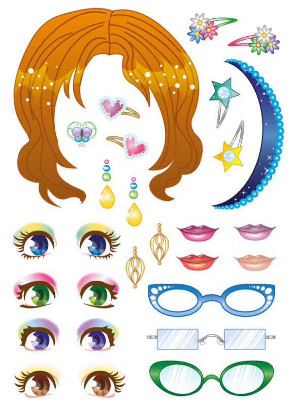Ark med klistermärken av ögon med olika sorters smink, läppstift, glasögon, smycken och accessoarer.