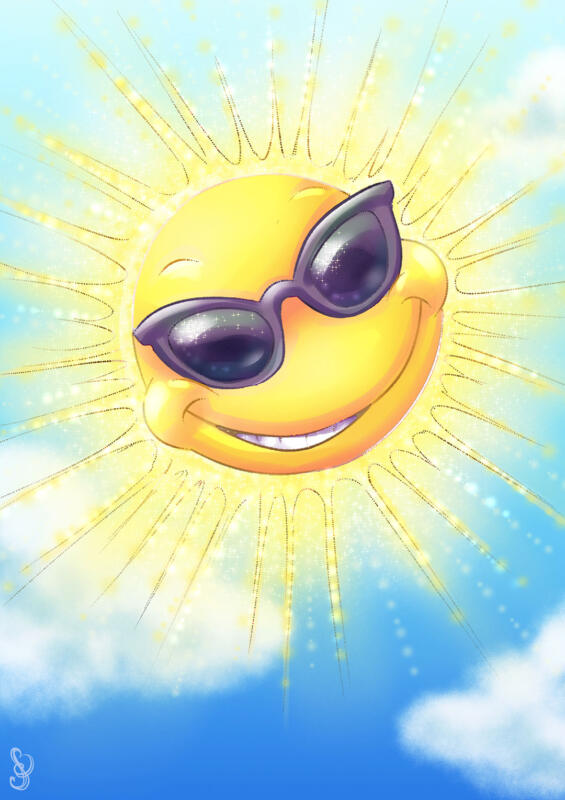 Tecknad strålande sol med svarta solglasögon ler mot en blå himmel med vita fluffiga moln