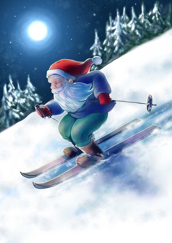 Tecknad tomte åker skidor i månljuset.