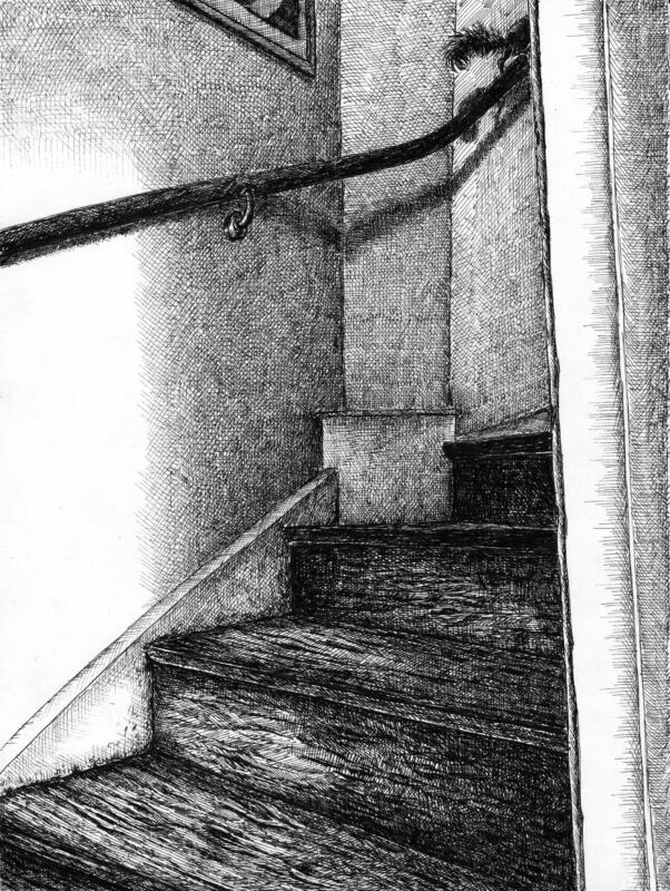 Teckning med en gammal vriden trappa i trä. Uppför trappan blir ljuset mörkare och högst upp på ledstången syns bakdelen och svansen på en ekorre som försvinner upp i mörkret i kröken på trappan.
