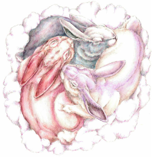 3 sovande kaniner i mjuka rosa och lila färger som ligger i en hög ovanpå kuddliknande moln. Bilden är mycket mjuk i sin ton, med mjuka nyanser och linjer. Motivet är gjort i perspektivet att vi ser kaninerna uppifrån, som att vi tittar ner på dom.