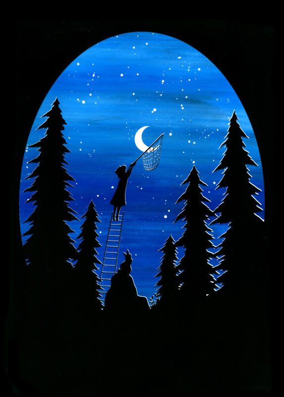 Screentryck med en svart siluett mot en blå stjärnklar himmel med en månskära i mitten. Siluetten föreställer en granskog och i mitten står en stege riktad upp mot himlen. Högst upp på stegen står en barn med en håv uppsträckt mot månen som ser ut att bli nerplockad i håven. På en sten nedanför stegen sitter en kanin och blickar upp mot barnet och månen.
