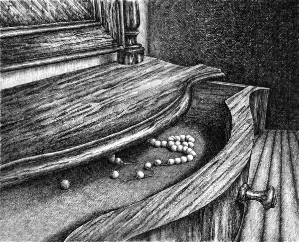 Teckning i tush föreställande en närbild på en pigtittare. Lådan är halvt utdragen och inuti ligger ett trasigt vitt pärlhalsband.