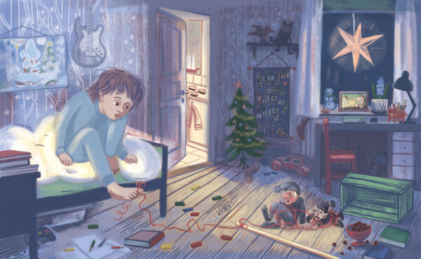 ett barn är ensam hemma, tomtenissar, en varm känsla, julstämning, julstök i köket, julpyntat barnrum