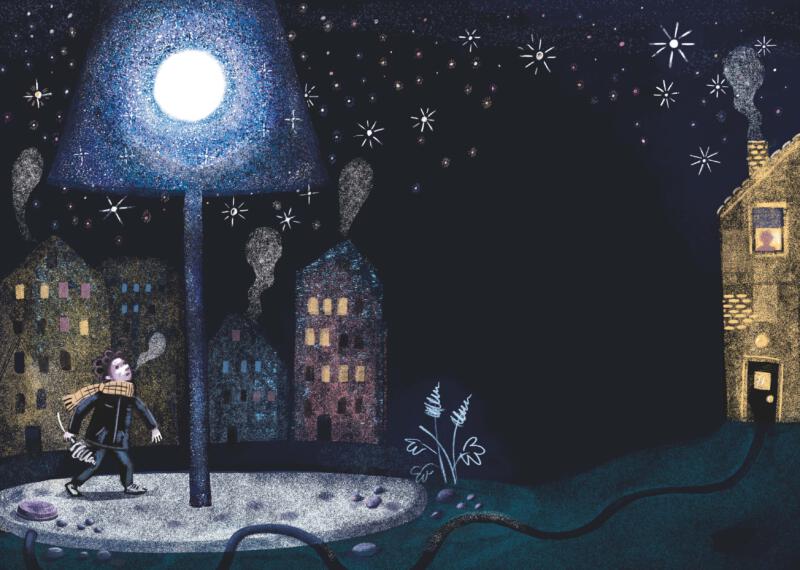 dikt, illustration av dikt, Bruno K Öijer, stjärnor, måne, natthimmel, En bok för alla, svenska akademin, hus, frost, vinterkyla, gatlykta, ungdom, magiskt