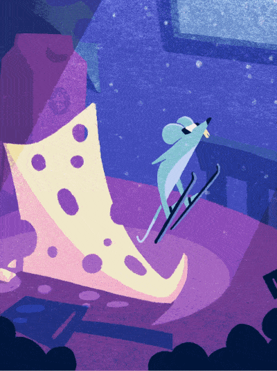 Animerad illustration av en backhoppande mus i skidbacke av ost