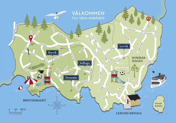 Infografisk karta över Brevik och Lervik i Österåker, Stockholms skärgård