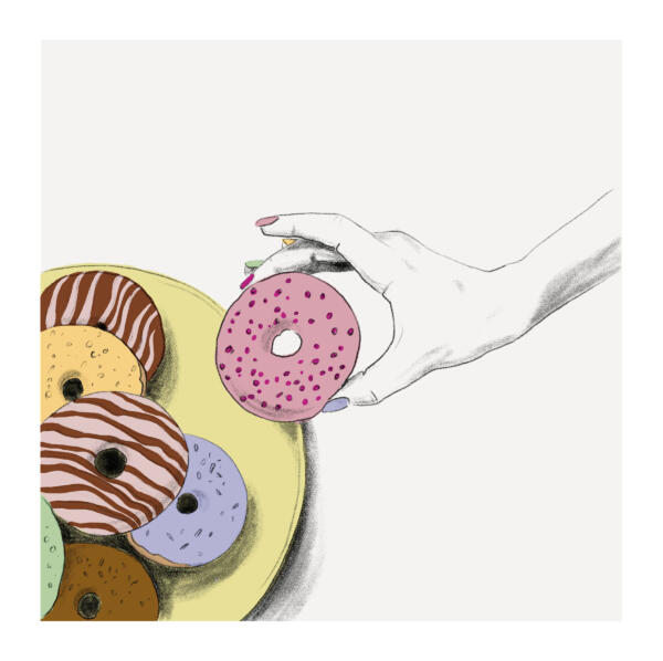 teckning av munkar, donuts, illustrerade med penna och färg. Illustrationen föreställer en hand och ett fat med munkar.