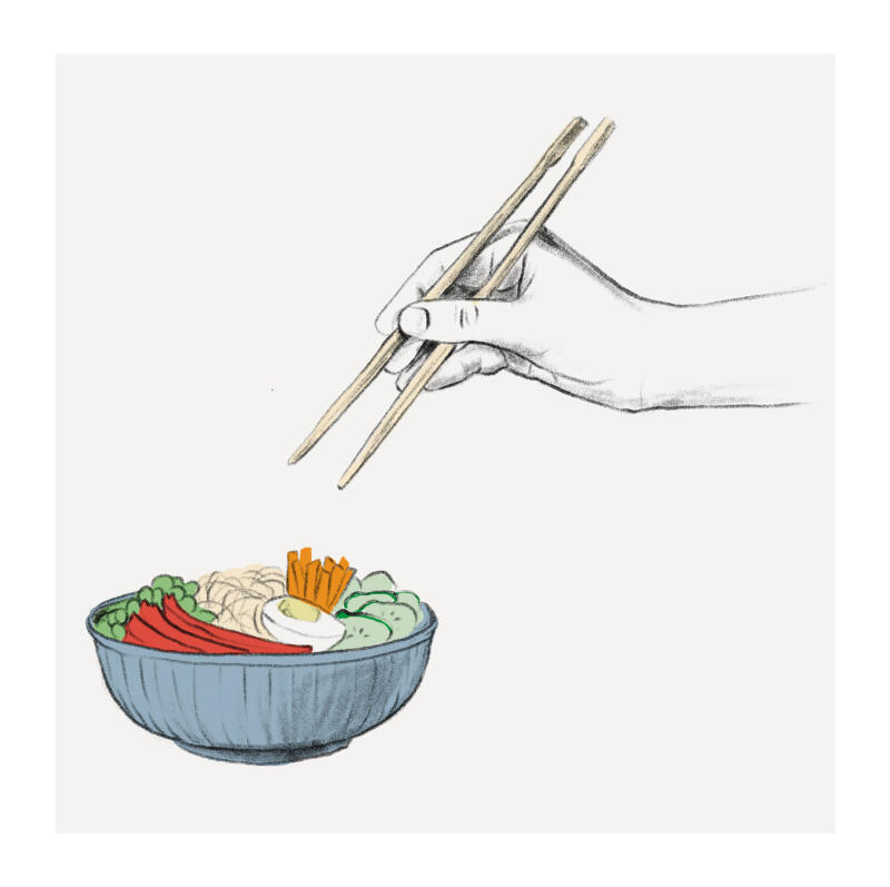 Matillustration. Teckning av mat i blyerts.Hand som äter en pokebowl med pinnar.