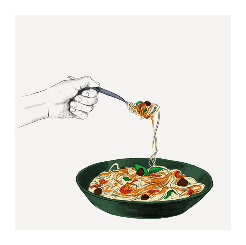 Illustration av mat, pasta med tomat, oliver och basilika i en grön tallrik. En hand och gaffel.