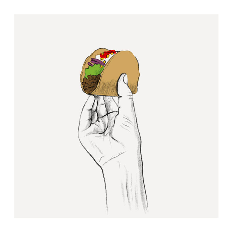 Matillustration. Teckning av en hand som håller i en taco i blyerts.