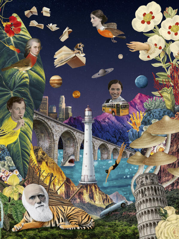 Collage med Astrid Lindgren, Darwin, Rosa Parkes, Virginia Wolf, fyr, bro, svampar, blommor, växter