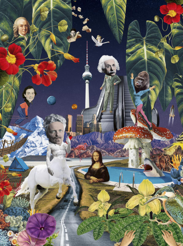 Collage med August Strindberg, Mona-Lisa, Karin Boye, svampar, blommor, växter