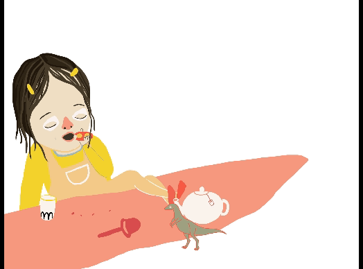 Animerad illustration av en flicka som äter en smörgås. Med barnslig stil står skrivet Vilma och skolan. 
