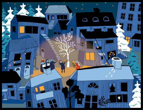 Illustrerad bild i blått där en liten samling musiker spelar julmusik omgiven av hus. Det är natt och enstaka fönster och stjärnor lyser.
