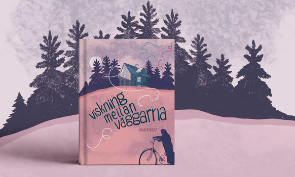 Ett bokomslag i rosa och lila föreställande ett hus med skog bakom sig och i förgrunden skuggan av en äldre person på cykel.