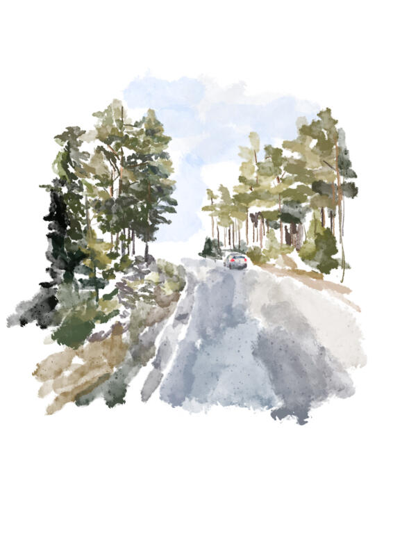 akvarell föreställande vägen ut till Skokloster Socken av Agnes Turesson