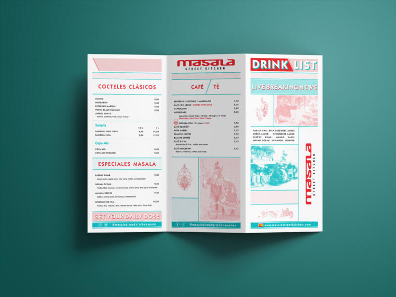 menu design for drinks list of an indian restaurant in newspaper style