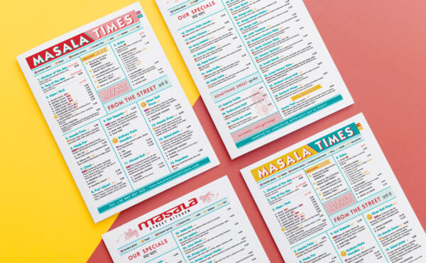 Four newspaper-style menus for an Indian street food Restaurant