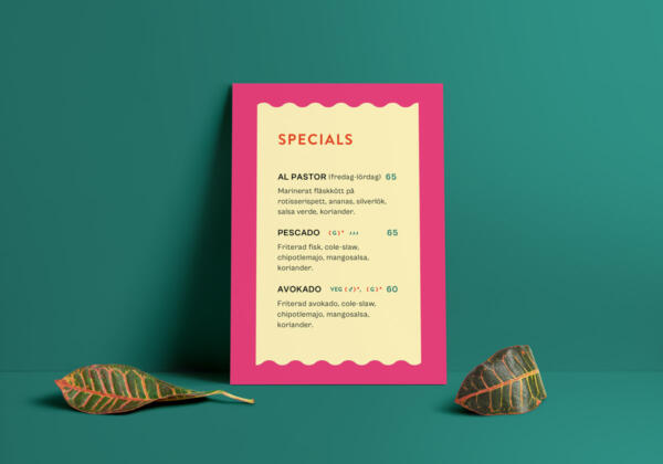 pink Menu design for a Mexican restaurant showing their Special dishes