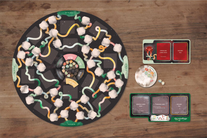 Boardgame elements showing a round board, cards spaces for the game