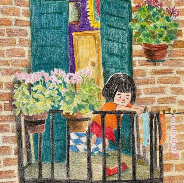 färgglatt, en flicka på en balkong, blommor, blomsterlådor, hänga tvätt, detaljerat.