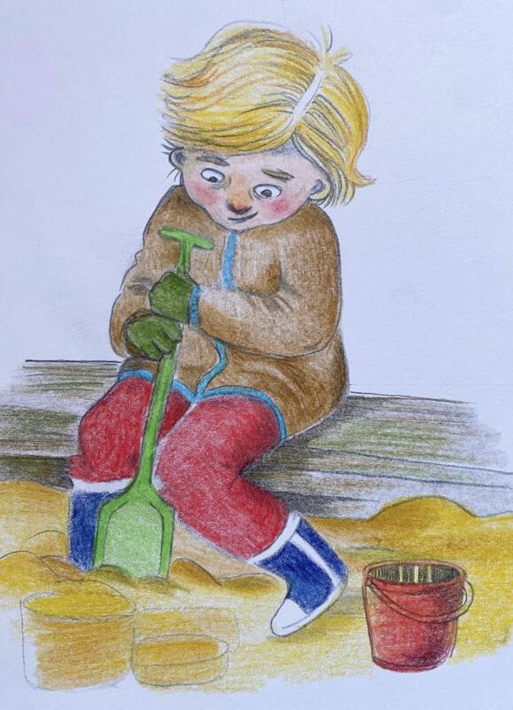 färgpennor, illustration på barn i sandlådan, gräver, 