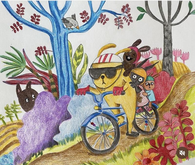 illustration med färgpennor. Fem kaniner tar en tur i skogen med sin cykel. Färgglatt, blommor och skog. 