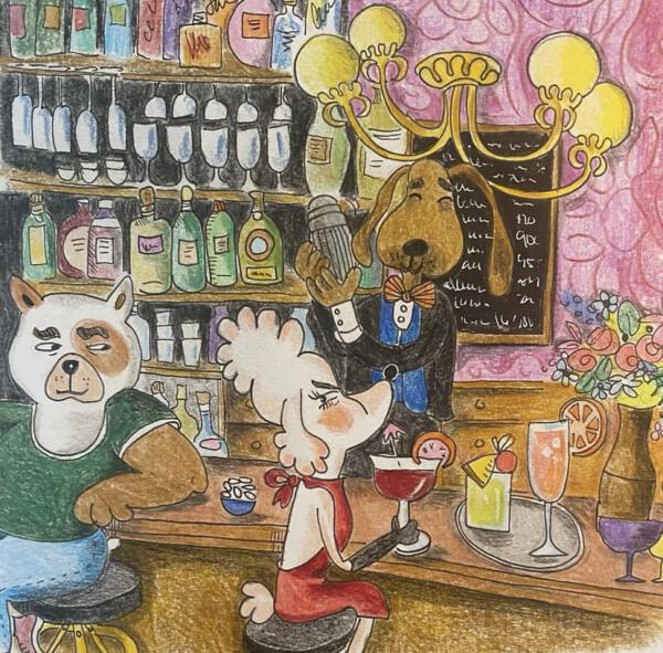 illustration med färgpennor. En bulldog, pudel och en basset hänger i baren. 