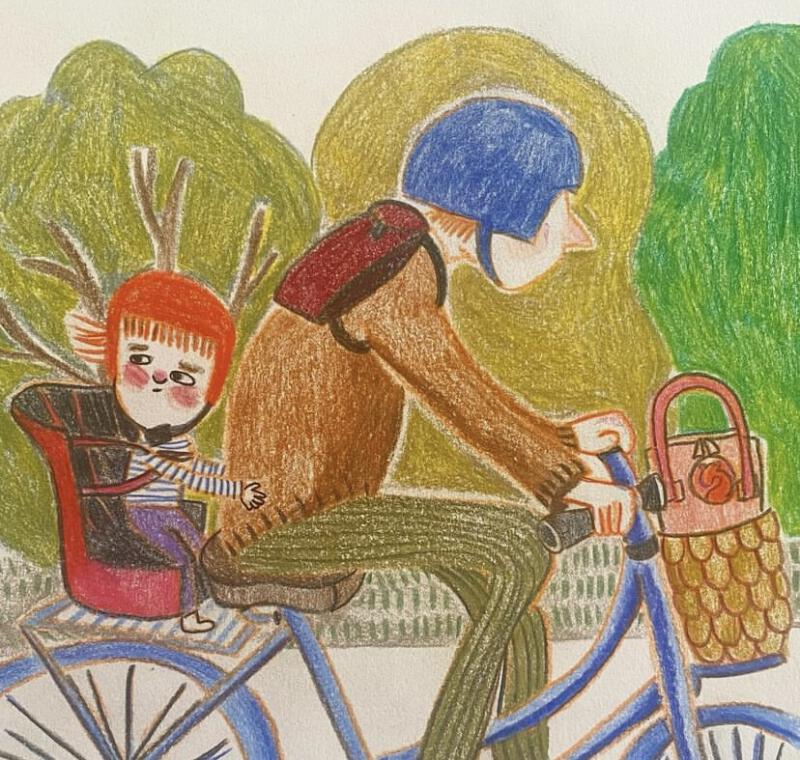 barn cyklar med sin pappa, illustration med färgpennor, cykla, skjutsa, 