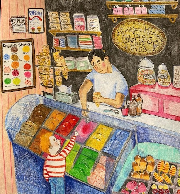 glass, ice cream, pojke köper glass, illustration med färgpennor, färgglatt, detaljerat