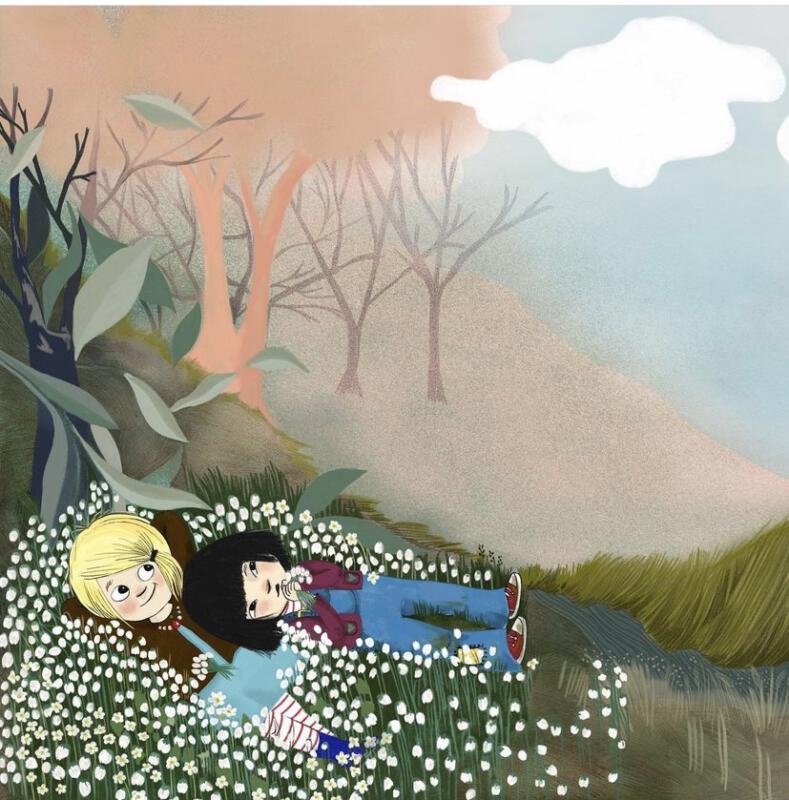 två flickor ligger på en äng av vitsippor, bilderbok, barnbok om döden livet och en liten fågel. 