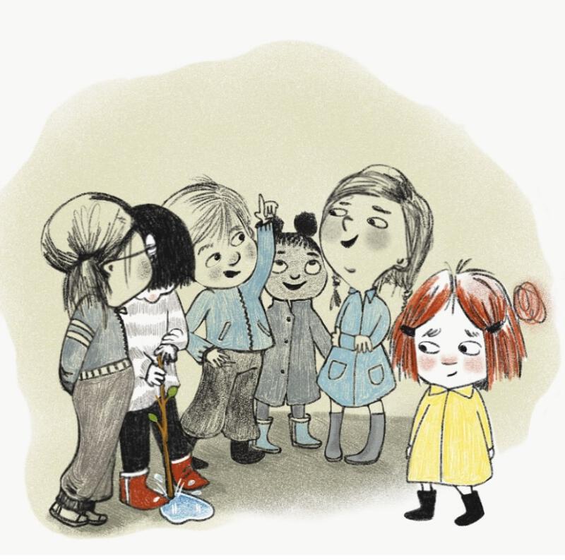 illustration ur boken måste man, en grupp barn som diskuterar saker, en är i sin egen lilla värld. 