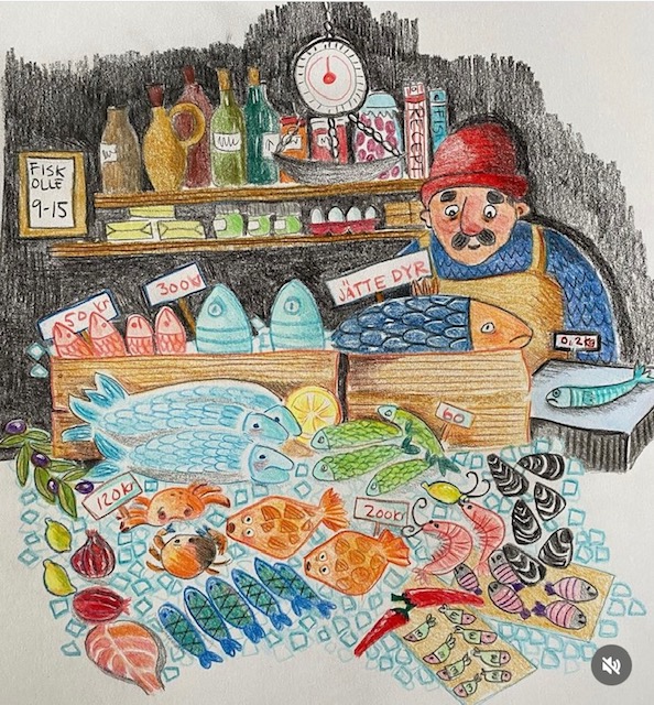 illustration med färgpennor, en gubbe säljer fisk. Detaljerat och färgglatt. 