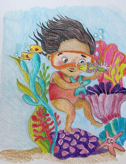 illustration med färgpennor, flicka som leker på havets botten med fiskar och sjöstjärnor.