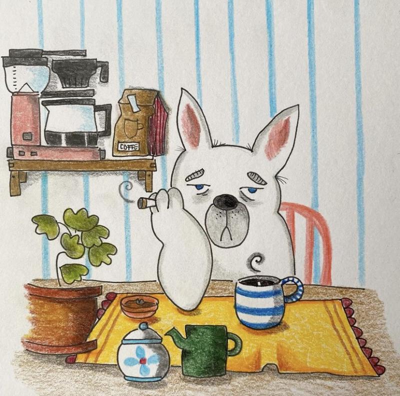 illustration med färgpennor. En morgontrött bulldog dricker sitt svarta kaffe och tar en cigg. 