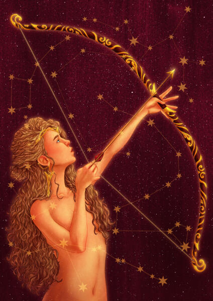 Skytten, stjärntecken, zodiac, sagittarius, kvinna skjuter med pilpåge, stjärnbilder