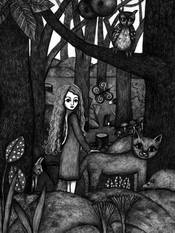 Illustration av ett skogså och en stor katt i en skogsglänta. Tecknad med bläckpenna.