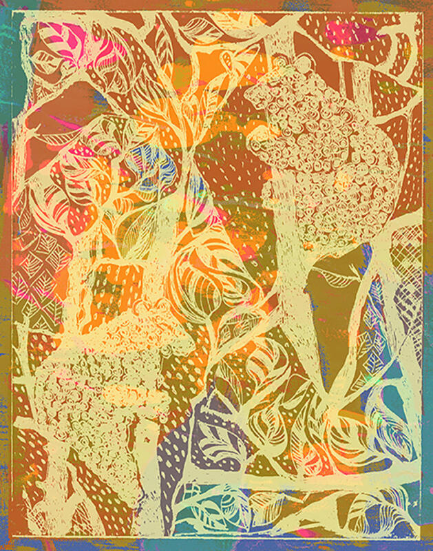 Bears climbing a tree, copper etching, screen print, collage, digital, Mixed Media Print, Fine Art Print, brainstorming process for graphic  pattern ideas. 13 cm x 16,5 cm