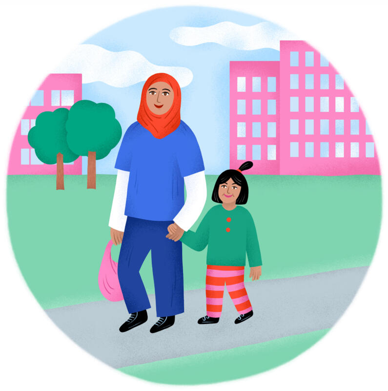 illustration of mother and child walking